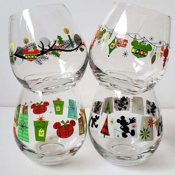 DISNEY Christmas 4pc Stemless Wine Glasses Holiday Motifs Plaid Green Red Gifts - Picture 1 of 7